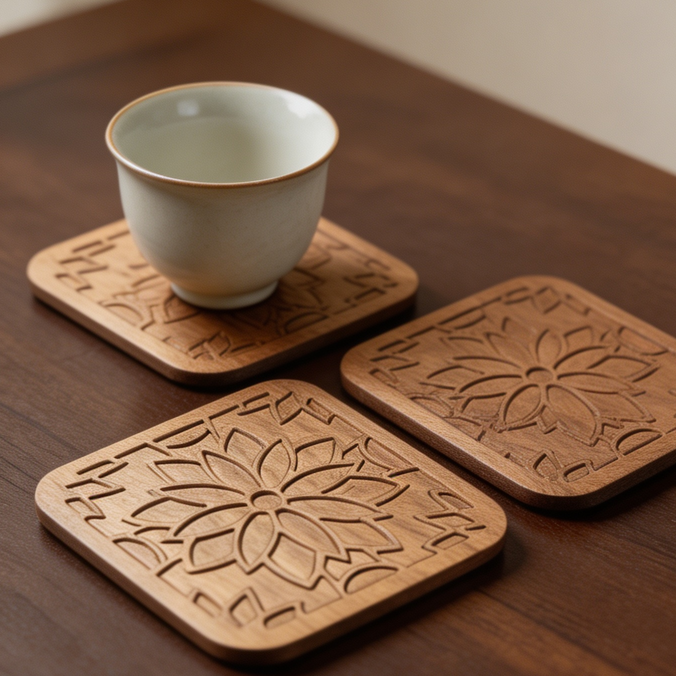 Traditional mandala pattern wooden coasters